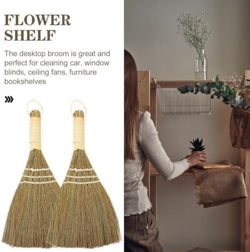 2Pcs Small Natural Whisk Broom - Handmade Thai Straw Soft Broomstick with Handle