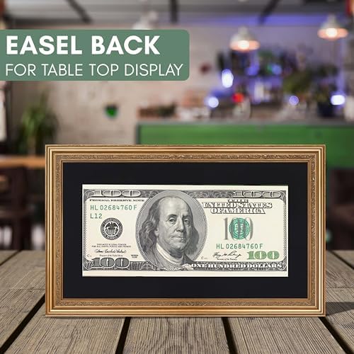 CountryArtHouse Antique Gold First Dollar Frame with Black Mat and Easel Stand