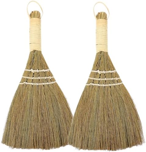 2Pcs Small Natural Whisk Broom - Handmade Thai Straw Soft Broomstick with Handle