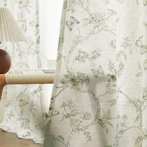Lazzzy Green Floral Linen Curtains 63 Inch 2 Panels Rod Pocket
