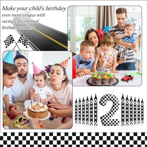 AXBMM 13 Pcs Racing Cars Birthday Candles with Checkered Number 2 Topper