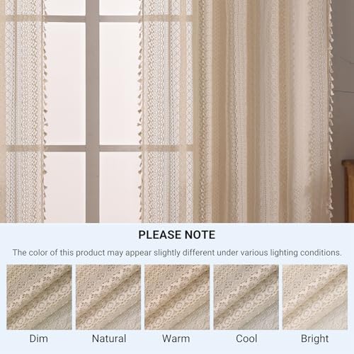 WAZZIO Boho Crochet Curtains - 2 Panel Set 108 Inch Long