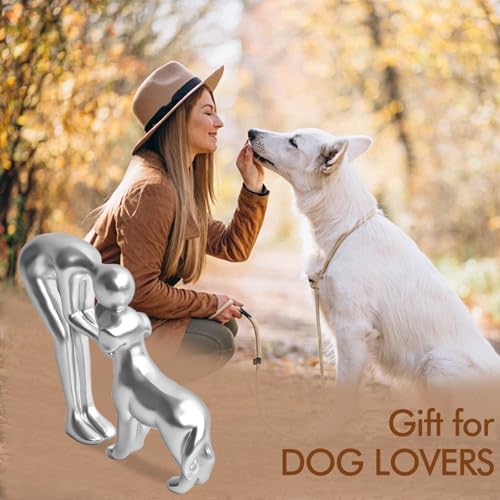 Cute Pet Man and Dog Sculpture Statue Home Decor Silver