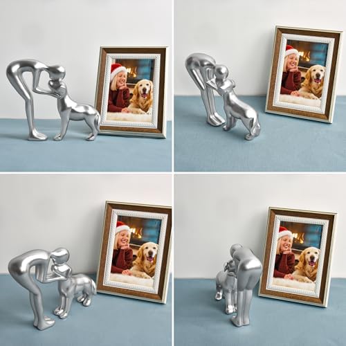 Cute Pet Man and Dog Sculpture Statue Home Decor Silver