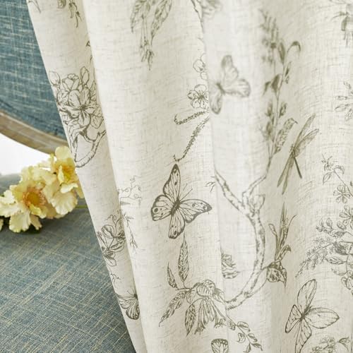 Lazzzy Green Floral Linen Curtains 63 Inch 2 Panels Rod Pocket