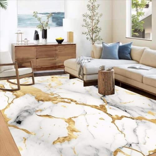 Modern Light Gray White Gold Foil Abstract Marble Area Rug