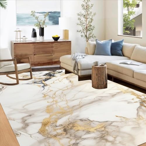 White Abstract Marble 8x10 Area Rug with Gold and Gray Veins 1