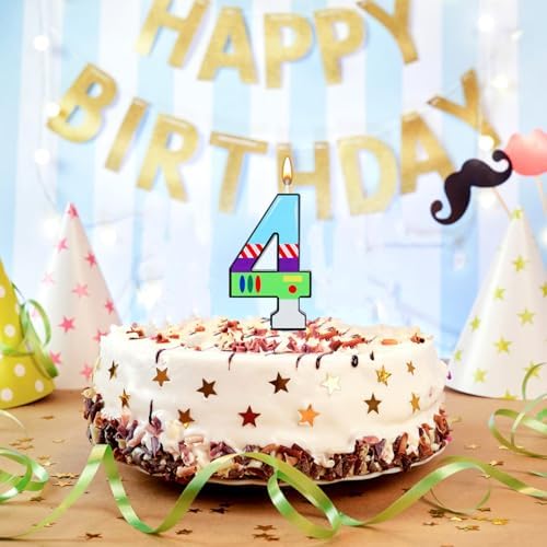 Toy Themed Birthday Number 4 Candle with Astronaut Robot Design