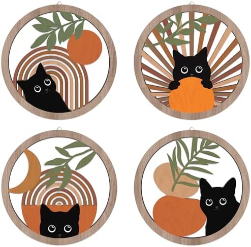 HPNIUB 4 Piece Boho Black Cat Wall Decor Set