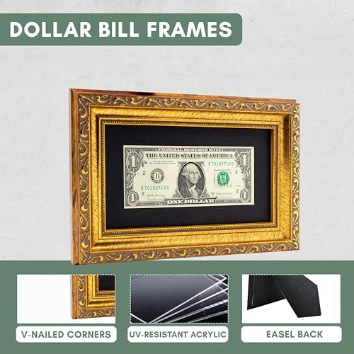 CountryArtHouse Antique Gold First Dollar Frame with Black Mat and Easel Stand