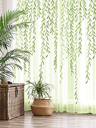 Breling Green Leaf Sheer Curtains 4 Pieces