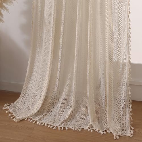 WAZZIO Boho Crochet Curtains - 2 Panel Set 108 Inch Long