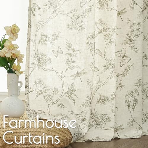 Lazzzy Green Floral Linen Curtains 63 Inch 2 Panels Rod Pocket