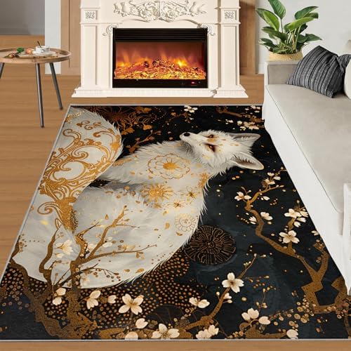 White Fox 5x7 Area Rug Black Gold Design