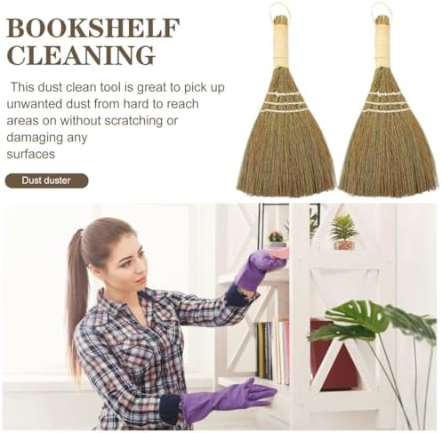 2Pcs Small Natural Whisk Broom - Handmade Thai Straw Soft Broomstick with Handle