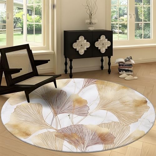 4ft Round Marble Ginkgo Leaf Area Rug - Pet Friendly Non-Slip