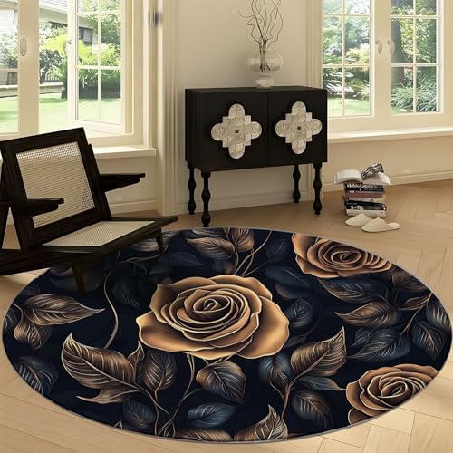 4ft Round Gold Copper Rose Washable Area Rug