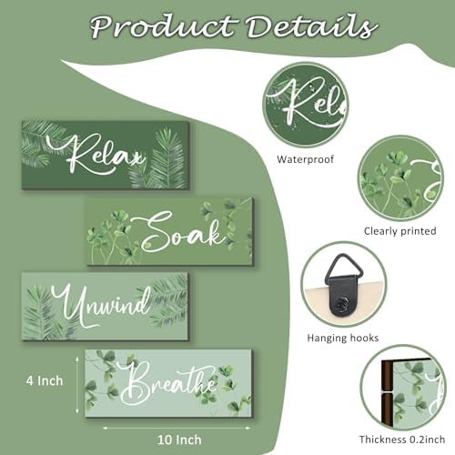 4 Pcs Sage Green Wooden Wall Decors for Bathroom
