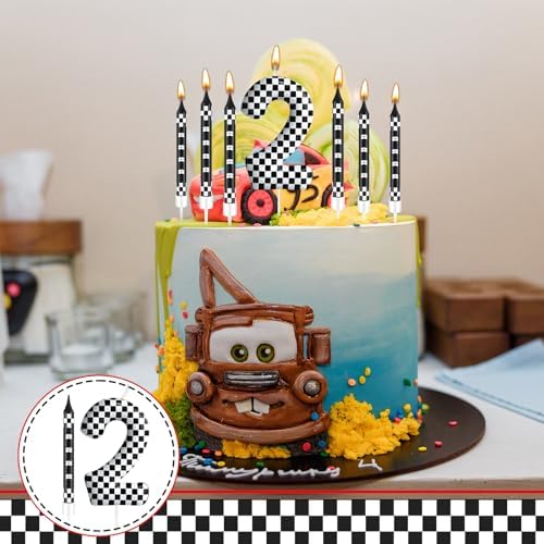 AXBMM 13 Pcs Racing Cars Birthday Candles with Checkered Number 2 Topper