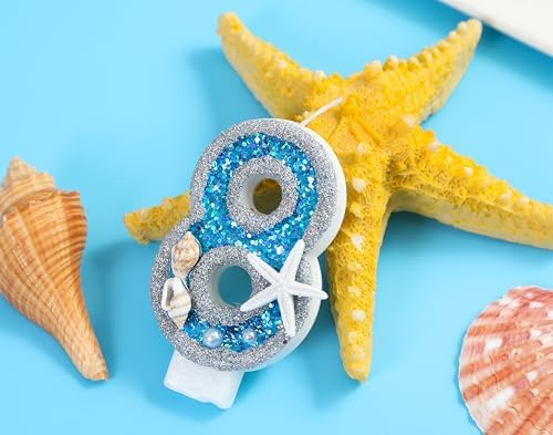 8th Birthday Candle with Sea Blue Sequins and 3D Number 8 Cake Topper