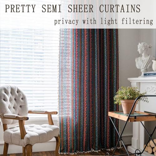 VOGOL Boho Semi Blackout Curtains with Tassels 59x79 Inches Red Blue