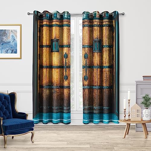 Jekeno Rustic Wood Door Blackout Curtains 2 Panels Set 1