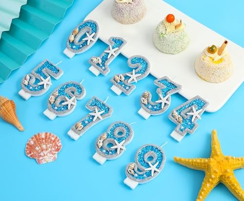 8th Birthday Candle with Sea Blue Sequins and 3D Number 8 Cake Topper