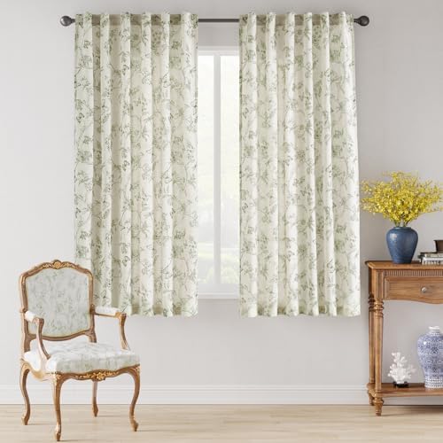 Lazzzy Green Floral Linen Curtains 63 Inch 2 Panels Rod Pocket