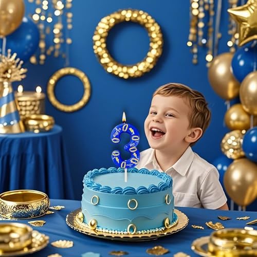 Number 3 Blue Birthday Candle with 7 Golden Rings