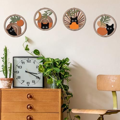 HPNIUB 4 Piece Boho Black Cat Wall Decor Set