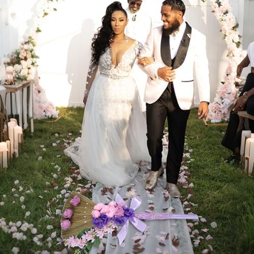 TrinhGuo Purple Wedding Broom with Ribbons and Pearls