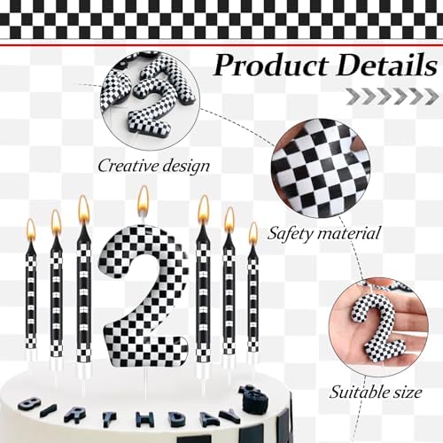AXBMM 13 Pcs Racing Cars Birthday Candles with Checkered Number 2 Topper