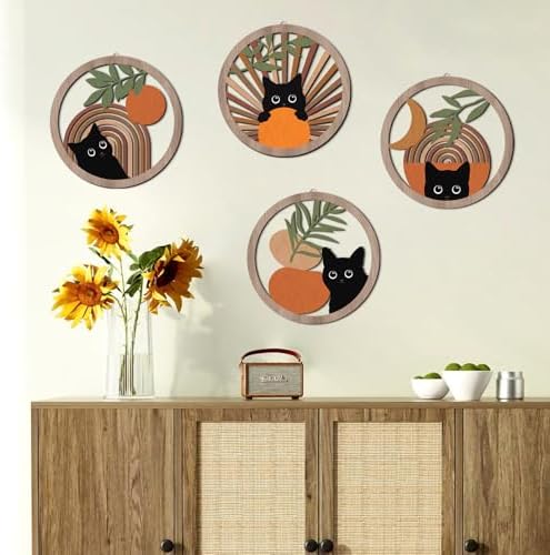 HPNIUB 4 Piece Boho Black Cat Wall Decor Set