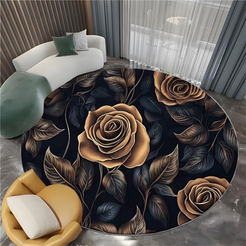 4ft Round Gold Copper Rose Washable Area Rug