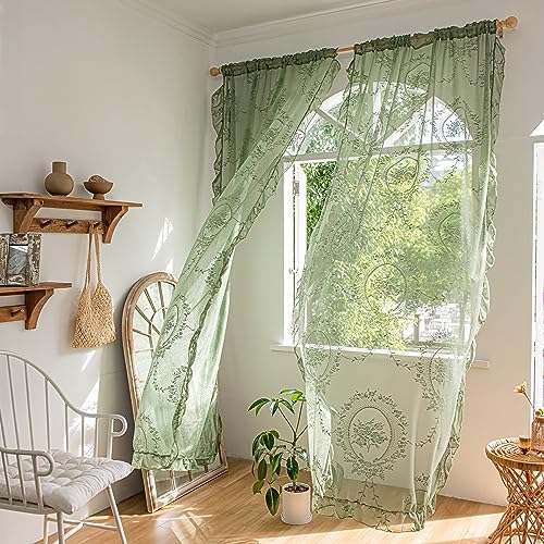 Sutuo Home Olive Green Ruffled Curtain Panels 2 Set