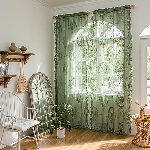 Sutuo Home Olive Green Ruffled Curtain Panels 2 Set